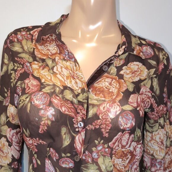 CAbi Sheer Silk Top Floral Pintucked Velvet Buttoned Shirt Brown Womens Medium - Picture 3 of 14